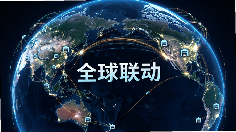 主体为《地球一直转》全球物流网络,布局为地球全景,无数条发光的运输路线连接各大洲,节点处有仓库图标,排版网状结构,风格为数据可视化美学,细节展示资源流动光效,画质通透,干净,无多余元素,文字“全球联动”位于中心