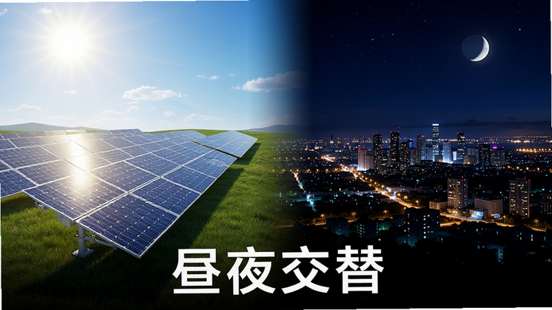 主体为《地球一直转》昼夜交替场景,布局对比强烈,左侧为明亮白昼,太阳能板高效工作,右侧为深邃黑夜,城市灯光亮起,排版平衡,风格为写实渲染,细节展示光影变化,画质高清,干净,无多余元素,文字“昼夜交替”位于底部