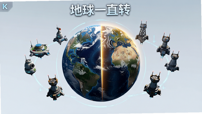主体为《地球一直转》游戏主界面,布局采用中心对称式,中央是一个高细节度的3D地球模型,表面有动态云层和昼夜分界线,周围环绕着悬浮的资源采集站和防御塔,排版清晰,风格为现代科幻写实风,细节丰富,画质4K,干净无多余元素,文字“地球一直转”位于顶部中央