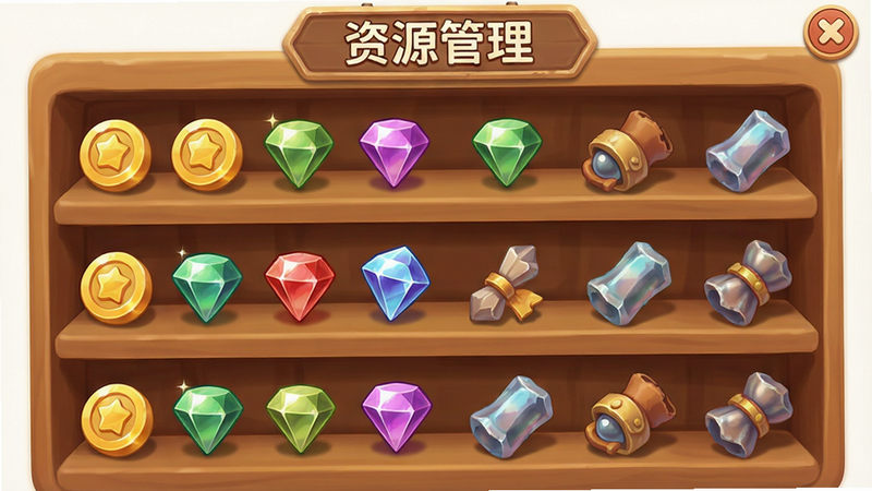 游戏内资源商店或背包界面的展示图,主体为各种金币、宝石和材料图标,布局整齐排列在货架上,排版清晰易读,风格温馨可爱,细节包含物品的光泽感和阴影,画质细腻,干净背景,文字“资源管理”清晰可见