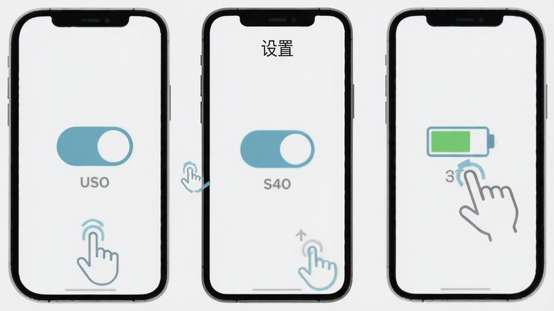 游戏设置界面或手机后台管理界面的示意图,主体为开关按钮和电量图标,布局简洁明了,排版符合移动端操作习惯,风格扁平化,细节包含手势操作提示,画质清晰,干净背景,文字“设置”居中显示