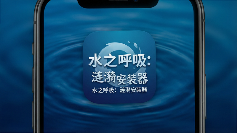 主体为智能手机屏幕界面,显示“水之呼吸:涟漪安装器”应用图标,背景为深蓝色水波纹渐变,布局简洁,中心突出应用名称,风格现代科技感,细节清晰,画质高清,干净无多余元素