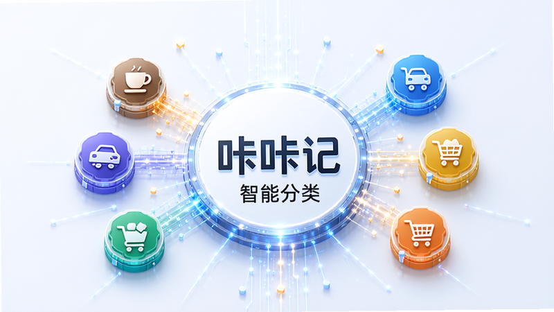 信息图表风格,中心是“咔咔记”Logo,周围环绕着自动分类的图标流,如咖啡杯、汽车、购物车,布局呈放射状,排版平衡,风格科技感,细节精致,画质4k,干净,无多余元素,文字“智能分类”