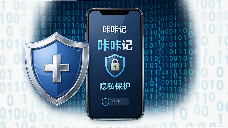 盾牌图标保护着手机,背景是二进制代码流,主体为“咔咔记”安全模式界面,布局居中对称,排版稳重,风格安全可靠,细节光泽感,画质4k,干净,无多余元素,文字“隐私保护”
