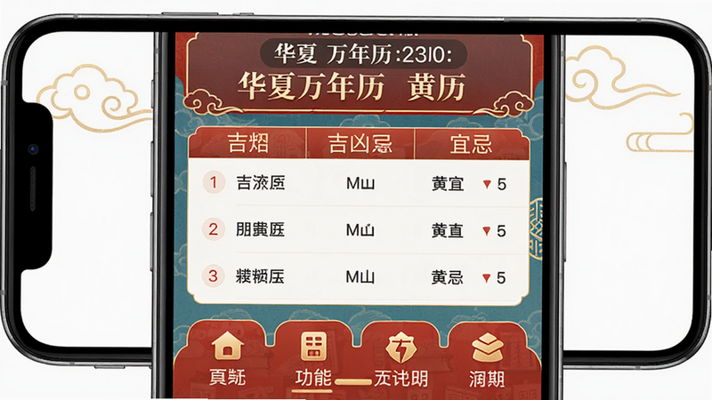 主体为华夏万年历黄历App的手机界面展示,布局清晰分为上部日期显示区、中部吉凶宜忌列表区、下部功能入口区,排版工整对称,风格采用传统中国风与现代UI结合,细节处有祥云纹理装饰,画质高清,干净无多余元素,文字显示为“华夏万年历黄历”