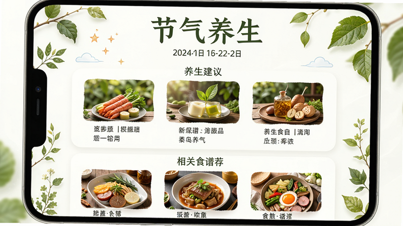 主体为节气养生界面,布局上方为节气名称及日期,中间为养生建议图文,下方为相关食谱推荐,排版中心聚焦式,风格清新自然,细节处有植物叶片装饰,画质明亮,干净,文字显示为“节气养生”