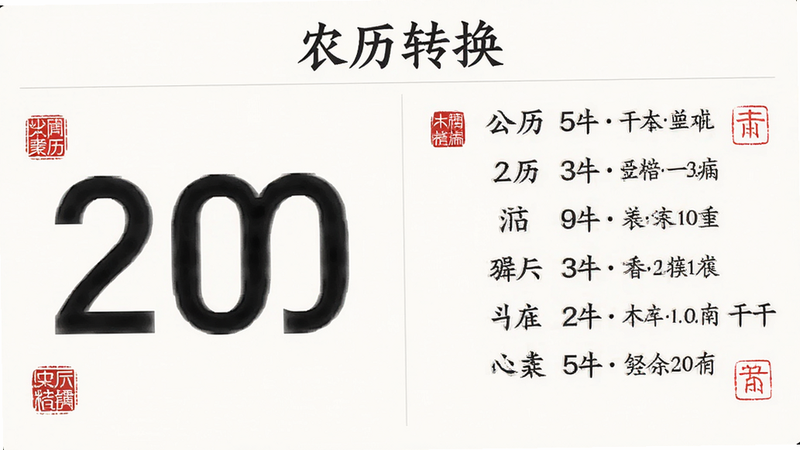 主体为农历转换功能界面,布局左侧显示公历大数字,右侧对应农历小字及干支信息,排版左右分栏结构,风格简约大气,细节处有红色印章点缀,画质清晰,干净,文字显示为“农历转换”