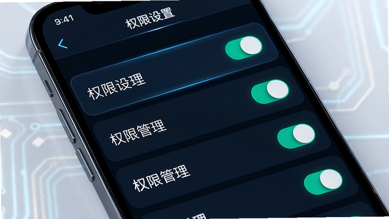 主体为手机设置界面,布局为列表形式,显示权限管理选项,排版垂直排列,风格科技感,细节处有开关按钮高亮显示,画质清晰,干净,文字显示为“权限设置”