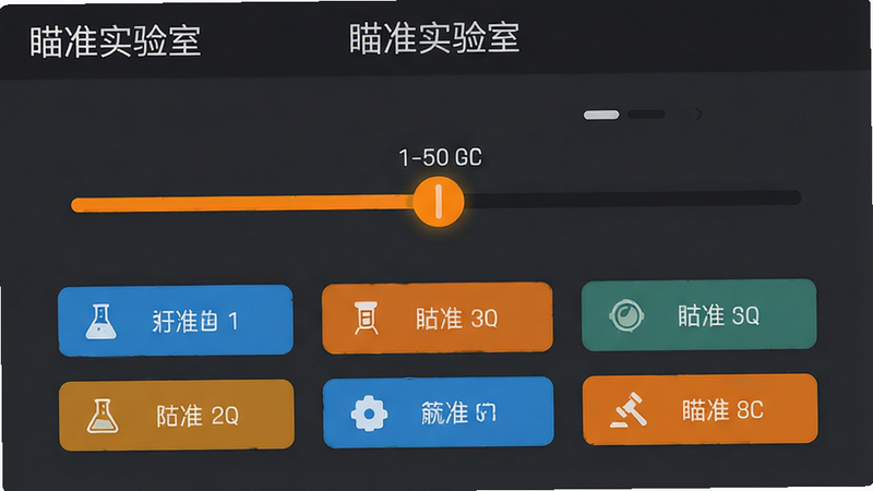 瞄准实验室的难度设置界面,主体是一个滑块调节器和多个选项按钮,布局垂直分布,排版简洁,风格为扁平化UI设计,细节包含滑块上的数值显示和选项图标,颜色为深灰色背景搭配亮色高亮,画质精细,干净,无多余元素,文字“瞄准实验室”位于顶部标题栏