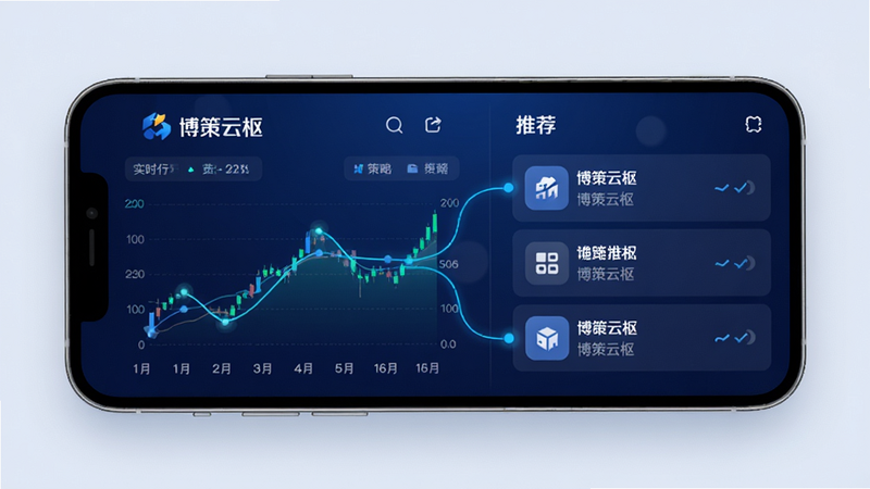 主体为博策云枢App的智能手机界面展示,布局清晰,左侧为实时行情图表,右侧为策略推荐列表,背景为深蓝色科技感渐变,风格现代简约,细节处有发光的蓝色线条连接数据节点,画质高清,干净,无多余元素,文字显示