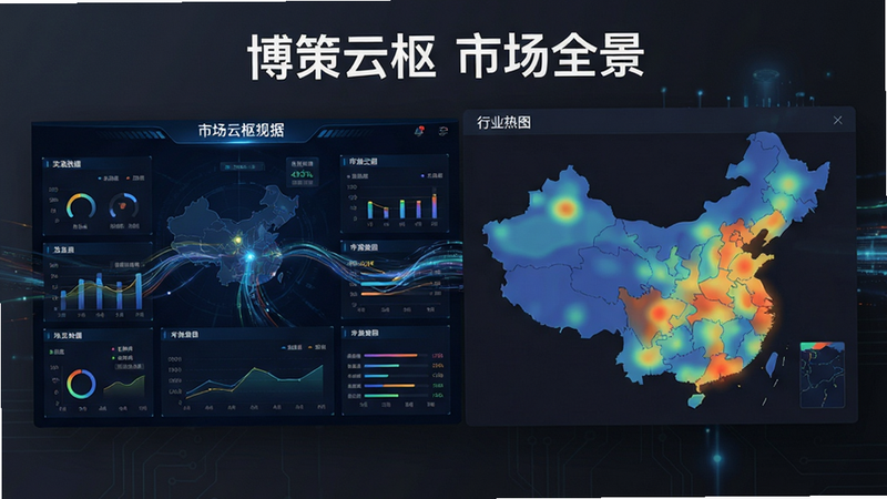 主体为博策云枢App的市场全景视图界面,布局采用左右分栏设计,左侧显示宏观数据仪表盘,右侧展示行业热力图,背景为深灰色科技感,风格专业严谨,细节处有动态流动的数据光带,画质清晰,干净,无多余元素,文字显示