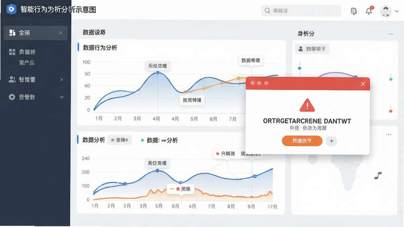 主体为智能行为分析界面示意图,布局左右分栏,排版清晰,风格扁平化,细节展示数据曲线与预警弹窗,画质清晰,干净,无多余元素