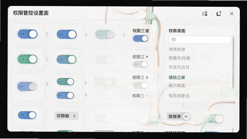 主体为权限管控设置面板,布局网格状,排版整齐,风格极简,细节展示开关按钮与权限列表,画质高保真,干净,无多余元素