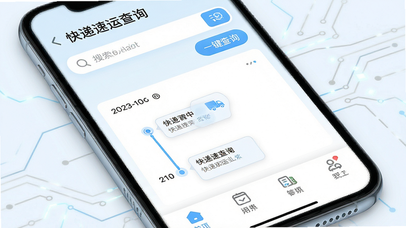 主体为“快递速运查询”App的手机屏幕界面特写,布局采用扁平化设计,顶部显示搜索栏和“一键查询”按钮,中间展示一条清晰的物流轨迹时间轴,底部有简洁的功能导航栏。风格清新简约,色调以白色和浅蓝色为主,细节处体现科技感的线条装饰,画质高清,干净,无多余元素