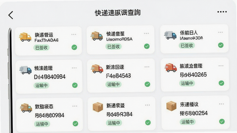 展示“快递速运查询”App的物流列表界面,主体为多个不同快递公司的包裹卡片,每张卡片上清晰显示快递公司名称Logo、单号后四位及当前状态(如“已签收”、“运输中”)。布局整齐,采用卡片式排列,风格现代简洁,细节包含状态颜色的差异化标识,画质清晰,干净,无多余元素