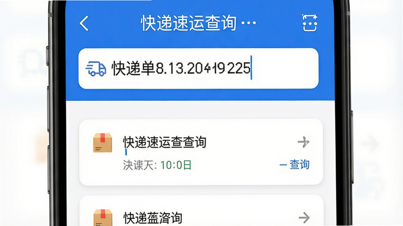 手机搜索界面截图,主体为“快递速运查询”App的搜索框,输入框中显示一串快递单号,下方显示查询结果列表。布局直观,风格现代,细节体现输入光标和结果卡片,画质高清,干净,无多余元素