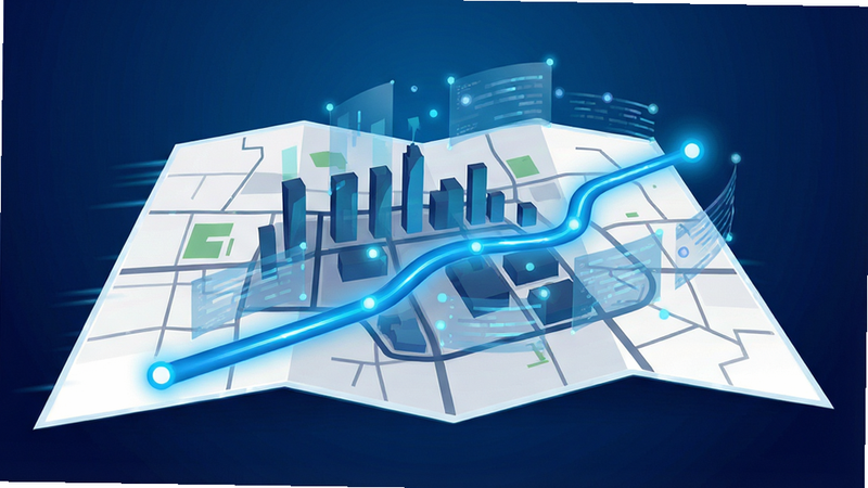 生成一张科技感十足的导航路线图概念图,主体是一张抽象的城市地图,地图上有一条发光的蓝色动态路径从起点延伸向终点,路径周围环绕着半透明的数据流和节点,背景为深蓝色渐变,象征智能与速度,扁平化设计风格,线条流畅,色彩对比鲜明,无文字,高清矢量图风格,干净利落