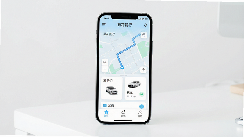 生成一张现代简约风格的手机APP界面展示图,主体是一部直立在白色桌面上的智能手机,屏幕显示“葵花智行”APP首页,界面以白色和浅蓝色为主色调,顶部有清晰的导航栏,中间区域展示地图路径规划及车辆状态卡片,底部有“首页”、“路线”、“我的”三个主要图标,背景干净无杂物,光线柔和,高清摄影风格,细节清晰,无多余元素