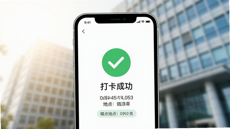 生成一张移动端打卡界面示意图,主体是一个手机屏幕,显示“打卡成功”的绿色对勾图标,下方有精确的时间戳和地点标签,背景是模糊的办公大楼外景,光线明亮,UI设计简洁清新,扁平风格,色彩以白绿为主,无复杂背景,高清UI设计图