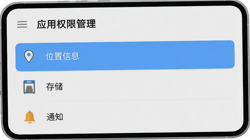 生成一张手机设置权限界面的示意图,主体是安卓系统的“应用权限管理”界面,高亮显示“位置信息”、“存储”和“通知”三个选项,背景为浅灰色,UI风格扁平简洁,图标清晰,无其他干扰元素,高清截图风格,干净,无水印