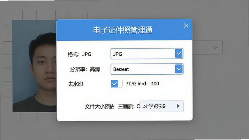 “电子证件照管理通”导出设置界面,显示“格式:JPG”、“分辨率:高清”、“去水印”勾选状态,布局为弹窗式设置面板,排版居中对称,风格简洁高效,细节显示文件大小预估,画质纯净,干净,无多余元素