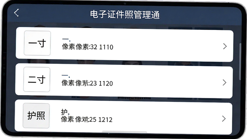 “电子证件照管理通”尺寸选择界面,列表展示“一寸”、“二寸”、“护照”等选项,布局为垂直滚动列表,排版整齐有序,风格简约商务,细节显示每个选项对应的像素值,画质锐利,干净,无多余元素