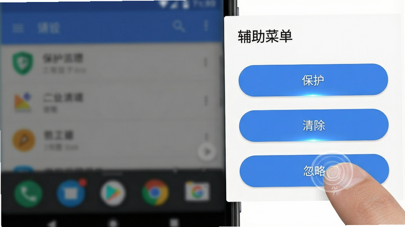 手机界面展示“辅助菜单”弹窗,列表中包含“保护”、“清除”、“忽略”三个选项按钮,手指正在点击“清除”,背景模糊显示主界面,布局右侧弹出,排版整齐,风格为现代安卓Material Design,细节包含按钮高亮和手指触控效果,画质清晰,干净,无多余元素