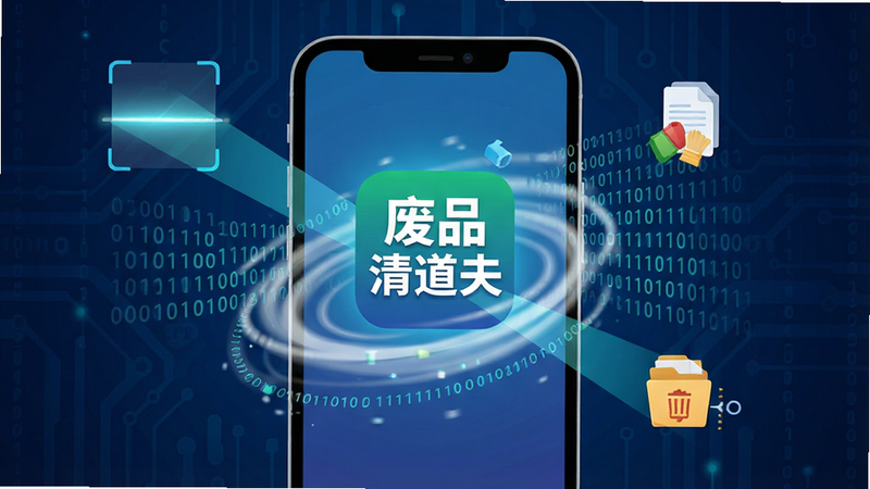主体为一部现代智能手机,屏幕中央悬浮着“废品清道夫”的应用图标,周围环绕着代表清理的旋风特效和二进制代码流,背景为深蓝色科技风,布局居中,排版简洁,风格为扁平化UI设计,细节包含扫描光束和文件删除动画,画质4K,干净,无多余元素