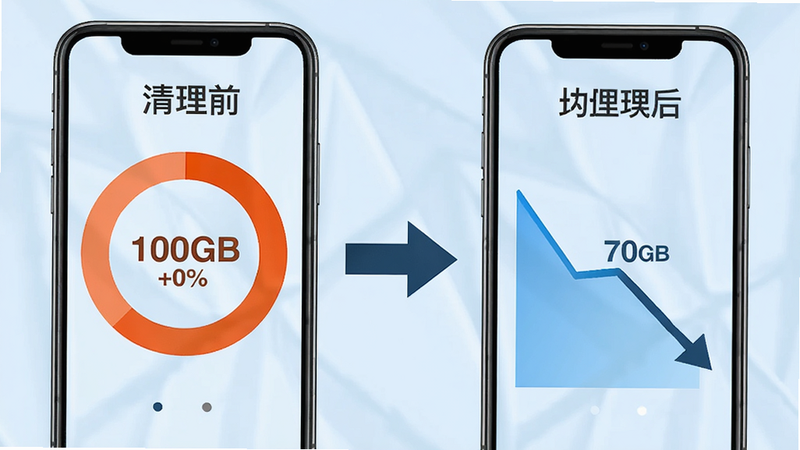 手机屏幕显示清理前后对比图表,左侧为清理前占用100GB,右侧为清理后占用70GB,中间有箭头指示变化,背景为浅蓝色,布局左右对比,排版简洁,风格为数据可视化,细节包含百分比数字和下降趋势线,画质清晰,干净,无多余元素