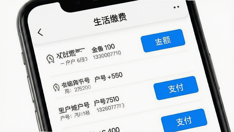 手机界面展示“生活缴费”页面,列表显示水电燃气等缴费项目,每项包含金额、户号及支付按钮,界面设计简洁明了,白色背景搭配蓝色按钮,排版整齐,细节清晰,高清画质,无水印,无多余装饰