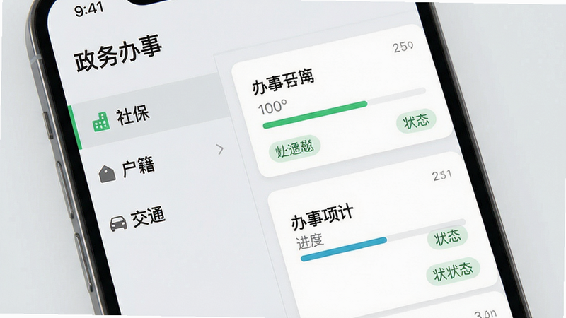 手机界面展示“政务办事”列表页面,左侧为分类菜单如社保、户籍、交通,右侧为具体办事项目卡片,包含进度条和状态标签,背景为浅灰色,字体清晰,布局紧凑,风格现代简约,细节丰富,高清画质,干净无杂点