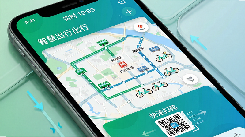 手机界面展示“智慧出行”地图模块,地图上标注了公交路线、地铁站点及共享单车分布,顶部显示实时时间,底部为快速扫码入口,界面以绿色和蓝色为主色调,视觉引导清晰,细节精致,高清渲染,无多余元素