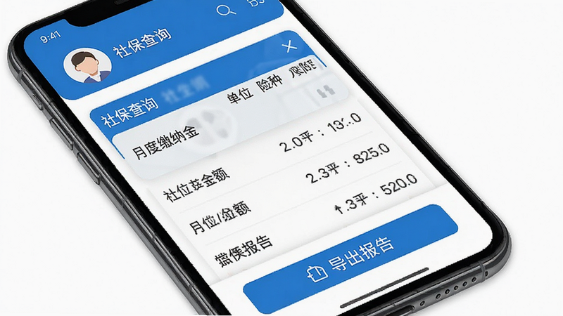手机界面展示“社保查询”结果页面,列表显示月度缴纳金额、单位及险种,顶部有用户头像和姓名,底部为导出报告按钮,界面简洁清晰,蓝色主色调,高清画质,无多余元素,布局规整