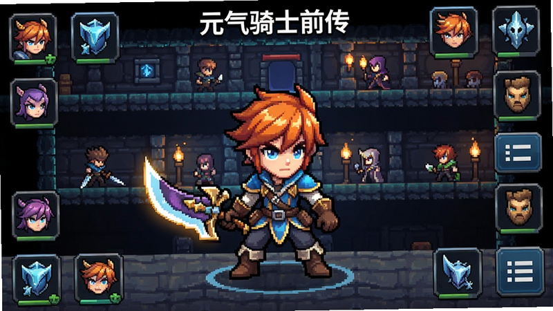 一张展示“元气骑士前传”游戏主界面的高清渲染图,画面中央是主角手持武器准备战斗,背景是典型的像素风地牢场景,四周环绕着职业选择图标和菜单按钮,整体色调明亮且充满奇幻色彩,布局对称,细节丰富,画质清晰,无多余元素,风格为2D像素艺术与现代UI结合,主体突出,排版整齐。