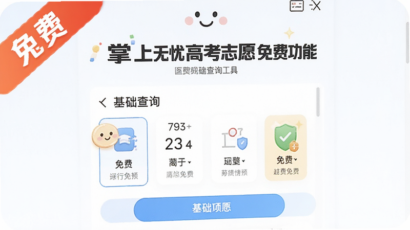 主体为掌上无忧高考志愿免费功能界面,布局突出“免费”标签,中部展示基础查询工具,风格亲和友好,细节显示免费图标,画质高清,干净无多余元素