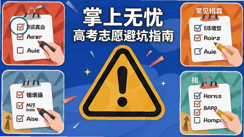 主体为掌上无忧高考志愿避坑指南插画,布局中央为警示标志,四周环绕常见错误案例图示,排版对称,风格警示醒目,细节展示错误勾选,画质清晰,干净无多余元素