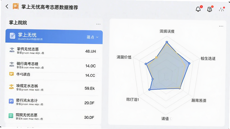 主体为掌上无忧高考志愿数据推荐界面,布局左侧为院校列表,右侧为概率雷达图,排版整齐,风格现代简约,细节展示数据标签,画质清晰,干净无多余元素