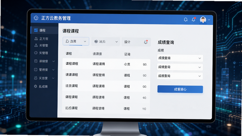 正方云教务管理界面,显示课程列表与成绩查询入口,界面清晰,字体易读,科技感背景,高清,干净