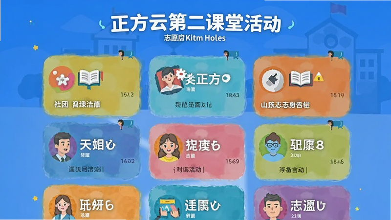 正方云第二课堂活动页面,展示各类社团与志愿活动列表,色彩丰富,图标生动,扁平化设计风格,高清,无多余元素