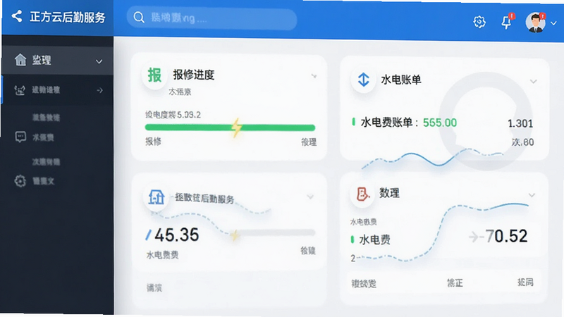 正方云后勤服务界面,显示报修进度条与水电费账单,界面简洁,功能图标明确,现代UI设计,高清,干净