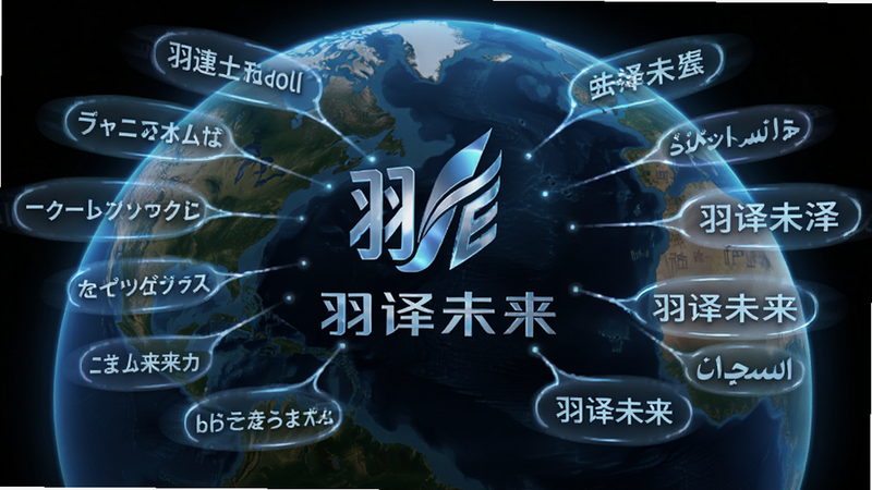 主体为多语言地球背景,中心悬浮羽译未来Logo,周围环绕中文、英文、日文、法文等文字气泡,布局呈放射状,排版对称平衡,风格为科技感全息投影效果,细节展示不同语言文字的光效连接,画质8k,干净,无多余元素,文字