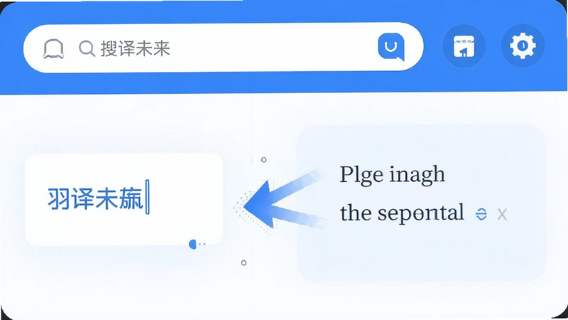 主体为羽译未来App主界面展示,布局居中,左侧显示中文输入框,右侧显示英文翻译结果,上方有清晰的搜索栏和功能图标,排版简洁现代,风格为扁平化科技蓝白色调,细节展示文字转换箭头动画,画质高清,干净,无多余元素,文字