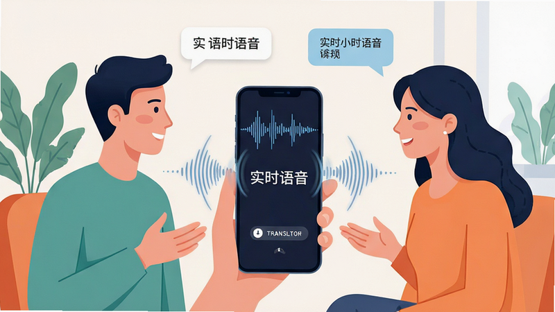 主体为两个人面对面交谈,中间放置一部手机显示语音波形和翻译文字,布局三角构图,排版平衡,风格为现代生活插画风,细节展示声波扩散效果和文字气泡,画质细腻,干净,无多余元素,文字