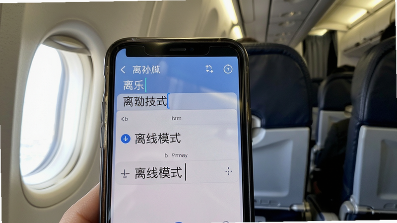 主体为一部智能手机屏幕显示离线翻译界面,背景为飞机机舱内部,布局紧凑,屏幕显示中文输入和英文输出,排版清晰易读,风格为真实场景摄影结合UI设计,细节展示离线标识图标,画质逼真,干净,无多余元素,文字