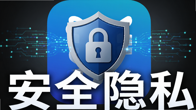 主体为盾牌图标与锁图标组合,背景为羽译未来App图标,布局中心对称,排版简洁有力,风格为安全科技感,细节展示加密数据流线条,画质高清,干净,无多余元素,文字