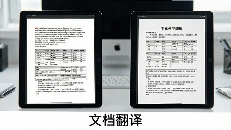 主体为平板电脑屏幕展示文档翻译过程,左侧为英文PDF文档,右侧为中文翻译后的版本,布局左右分屏对比,排版整齐,风格为商务办公场景,细节展示格式保留的表格和字体,画质清晰,干净,无多余元素,文字