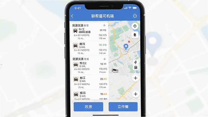 主体为智能手机屏幕,显示“联帮盛司机端”APP界面,顶部状态栏清晰,中间是货源列表与地图导航模块,底部是操作按钮,布局整洁,排版清晰,扁平化设计风格,细节包含经纬度坐标与车辆状态图标,画质高清,干净,无多余元素