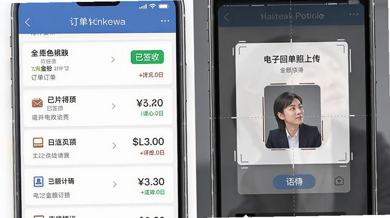 主体为手机界面,左侧是订单列表,右侧是电子回单拍照上传区域,布局左右分栏,排版工整,商务风格,细节包含“已签收”绿色标签与金额数字,画质高,干净,无多余元素