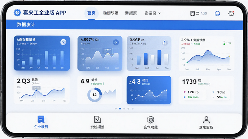 主体为喜来工企业版APP首页界面,布局清晰,顶部显示导航栏,中部展示数据概览卡片,底部为功能菜单,风格为简约商务蓝白配色,细节包括图表纹理与图标阴影,画质高清,干净,无多余元素