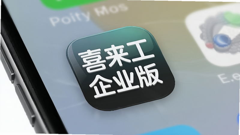 主体为手机桌面显示喜来工企业版APP图标,布局居中,风格为拟物化设计,细节包含图标阴影与光泽,画质高清,干净,无多余元素